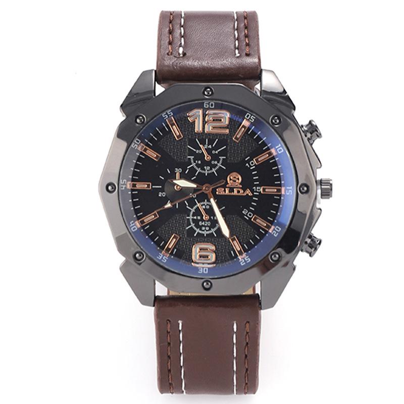 Men's Korean Style Casual Leather Strap Quartz Watch with Big Dial and Unique Design
