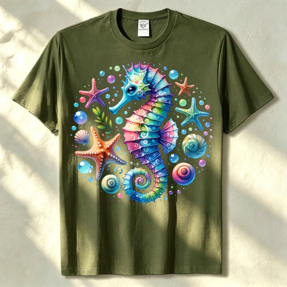 Rainbow Seahorse Starfish Seashell Ocean Graphic Unisex Cotton Tee Beach Sea Life Summer Vacation Casual Basic Apparel Wear Top