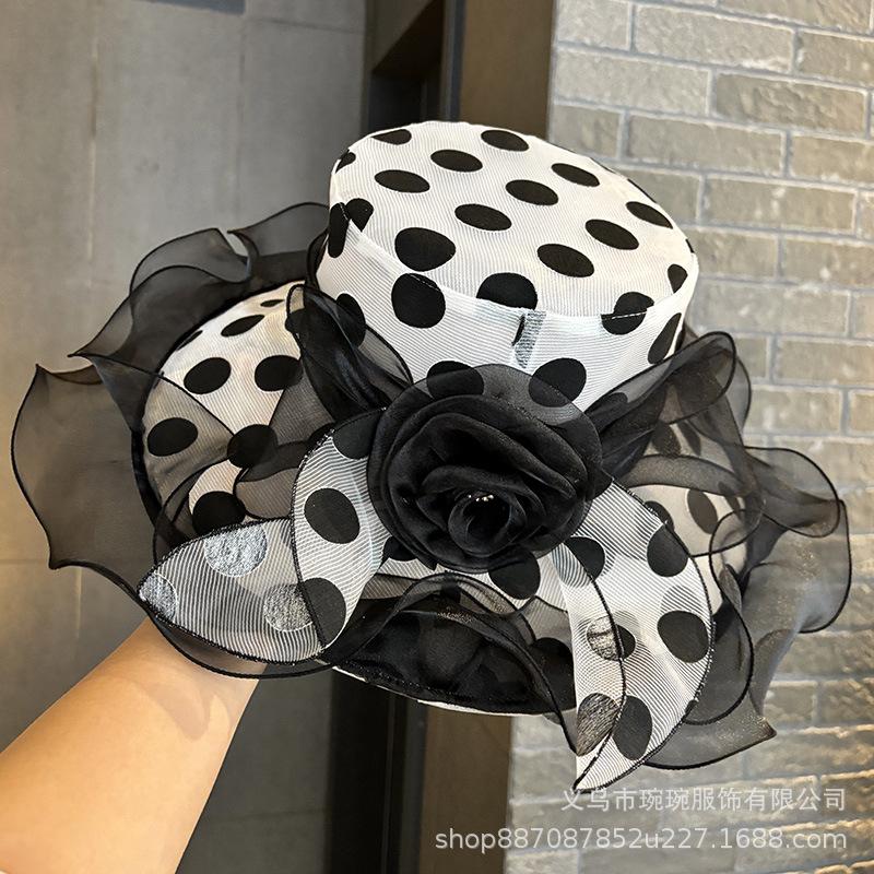 Fashion summer travel visor British elegant organza hat women's sunscreen big edge polka dot top hat