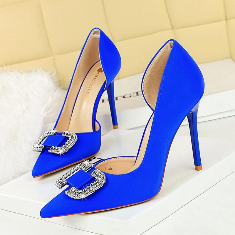 Side Empty Pointed Toe Shallow Mouth Women's Shoes Rhinestone Buckle Slim Heels High Heels Super High Heels Satin Single Shoes