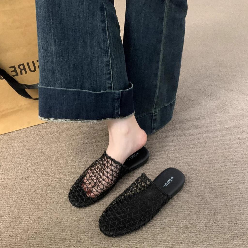 Summer Outer Wear Popular Mesh Woven Breathable Bag Head Half Slippers Women's 2025 New Versatile Outer Wear Fishing Net Sandals