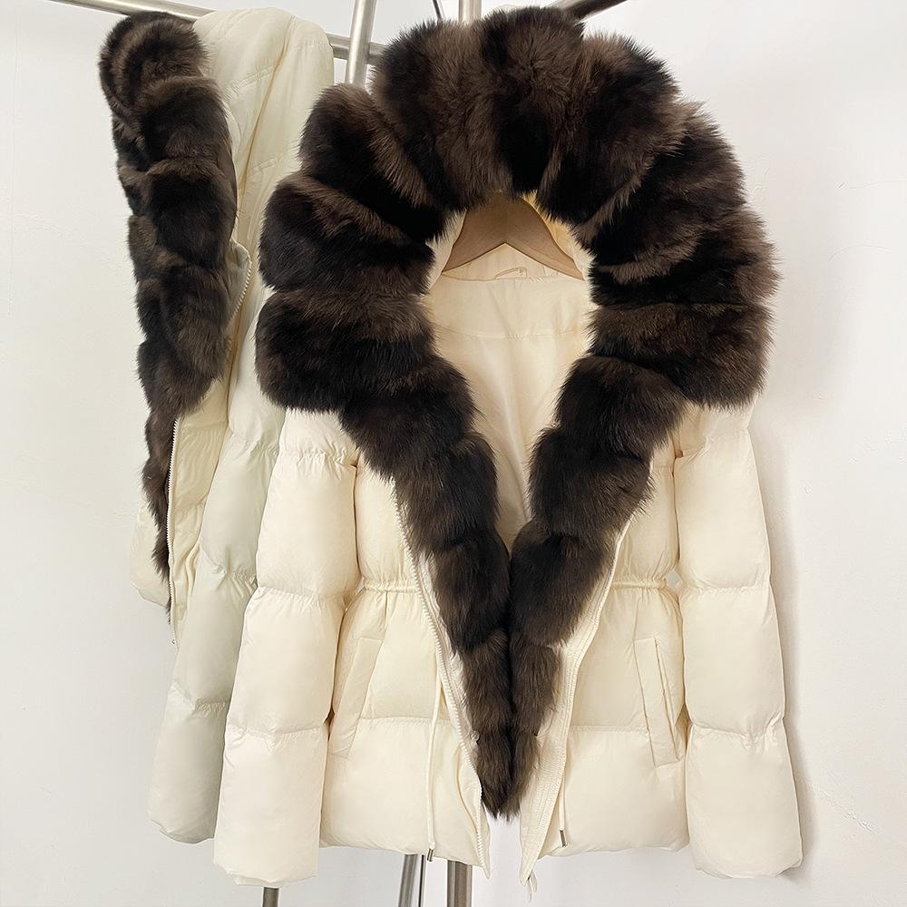 Women's winter winter new waist high-end fur thickened warm removable real fox fur collar hooded down jacket