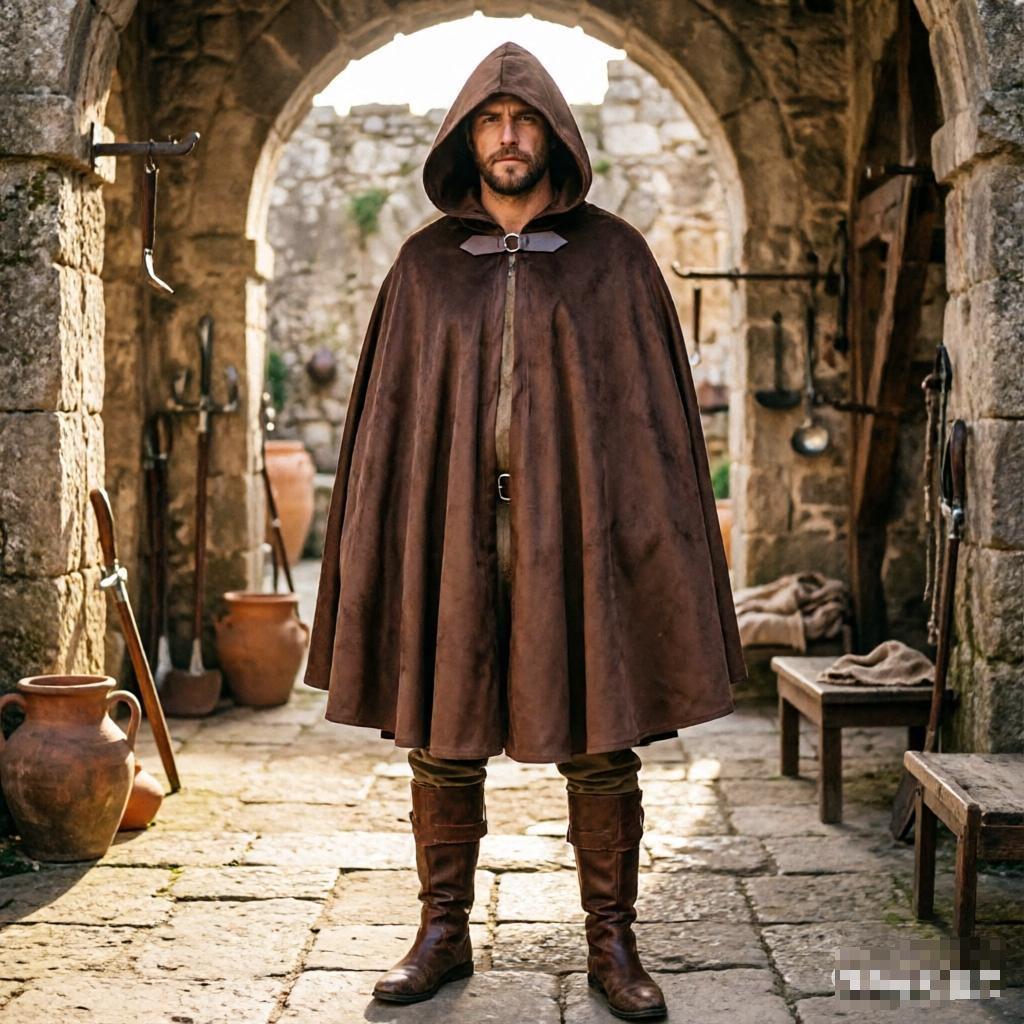 Medieval Velvet Deerskin Hooded Cloak - Renaissance Cosplay Costume Robe