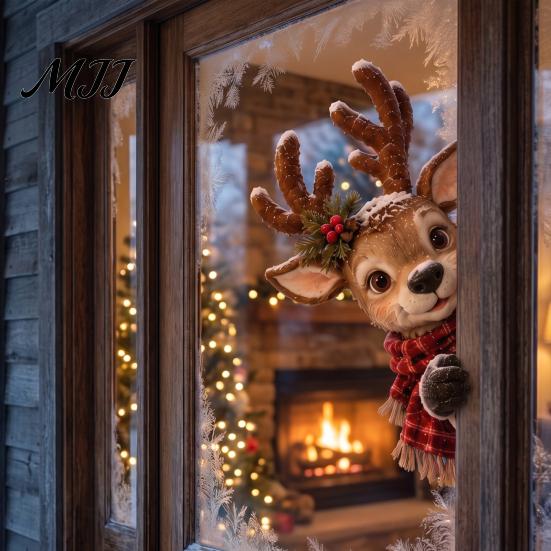 Peeking Christmas Window Decor Vintage Decor, 3D Carved Santa Reindeer Holiday Themed Party Ornament with Hidden Suction Cup, Glass Decoration