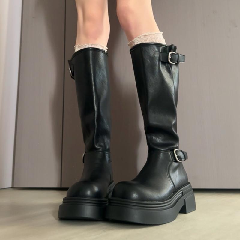 Long Women Boots Flats Platform Knee High Shoes Fad Goth Chelsea Boots  Winter Trend New Motorcycle Boots Punk Mujer Botas