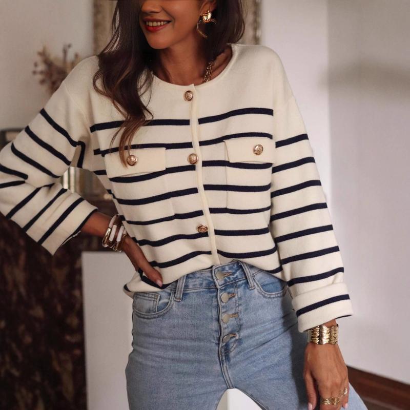 New Autumn and Winter Black and White Striped Button Knitted Cardigan Casual Long-sleeved Sweater for Women