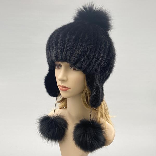 

Вязаные шапки из меха норки для женщин, шапка с помпоном из лисы, зимняя теплая однотонная шапка из натурального меха, 2 помпона, с ушками, стильная шапка-ушанка чёрный