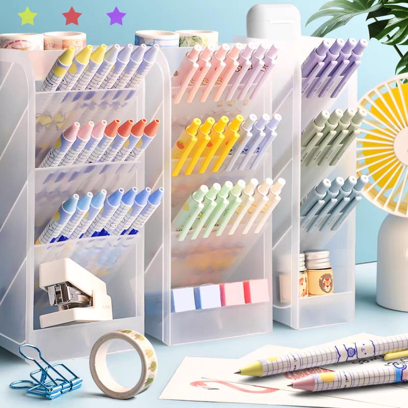 Suport multifuncțional pentru pixuri cu 4 compartimente – Inserare înclinată, Organizator de birou transparent (Stil Minimalist Nordic, Depozitare Estetică