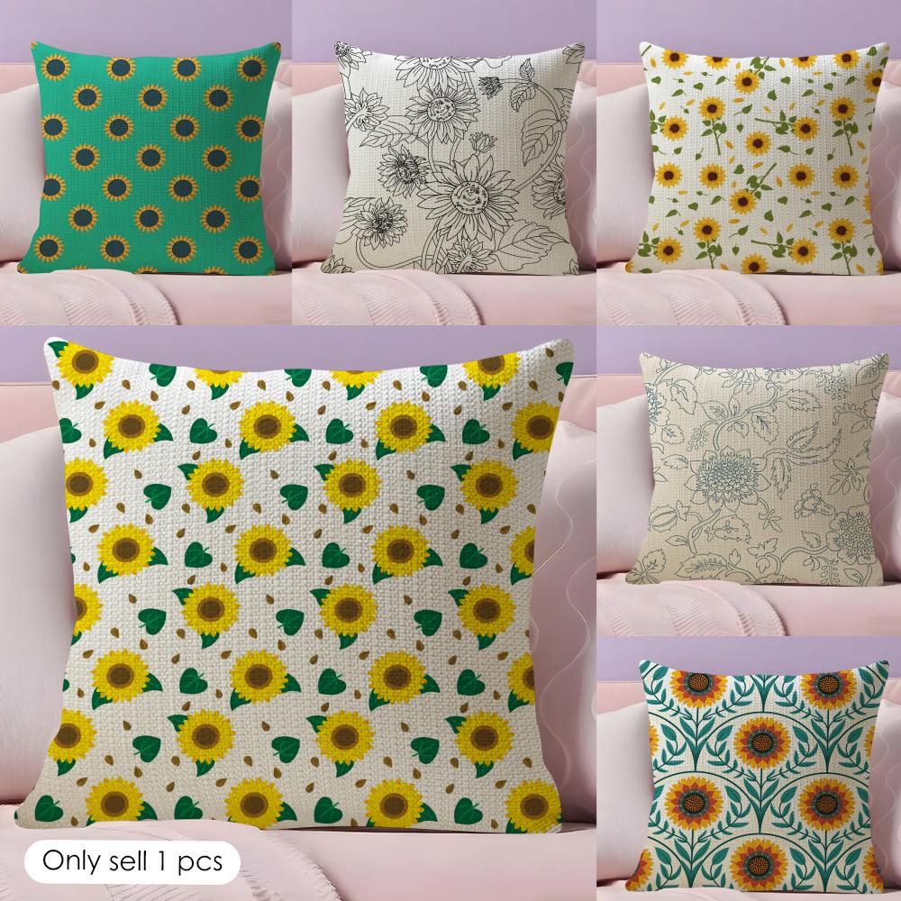 Sunflower Pattern Cushion Cover Natural Linen Pillow Cover DoubleSided Print Cushion Cover for Sofa Home Decor