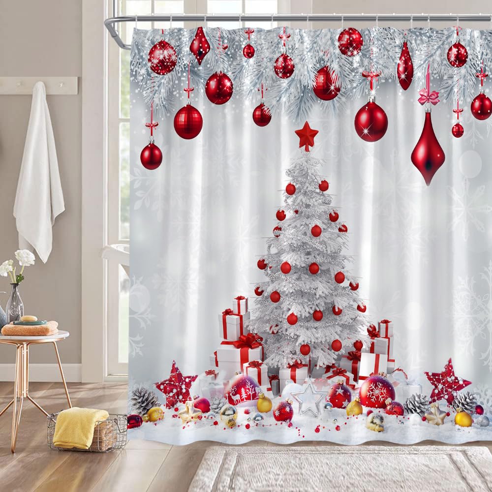 Christmas Shower Curtain Winter Snowy Landscape Forest Shower Curtain Xmas Pine Tree Bath Curtain with Hooks Home Bathroom Decor