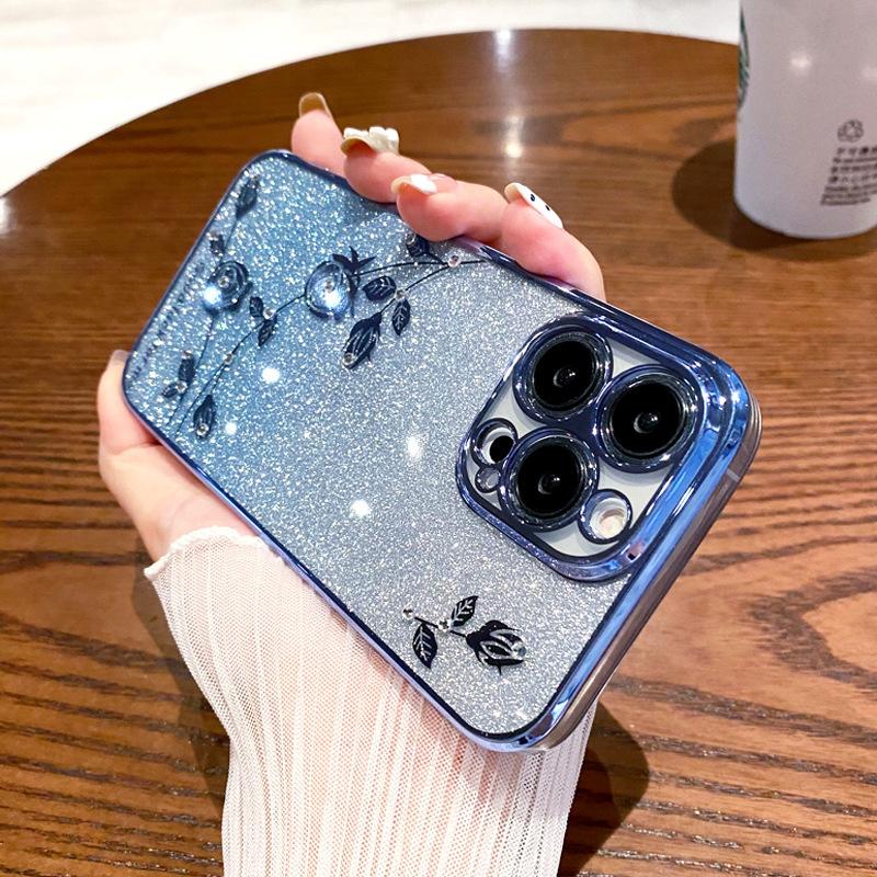 

Подходит для чехлов для телефонов IPhone16pro, Инкрустированный бриллиантами градиентный блеск, Apple 15 Гальванизированный Вечный цветок 14 Мягкий чехол с водяным бриллиантом iPhone7/8