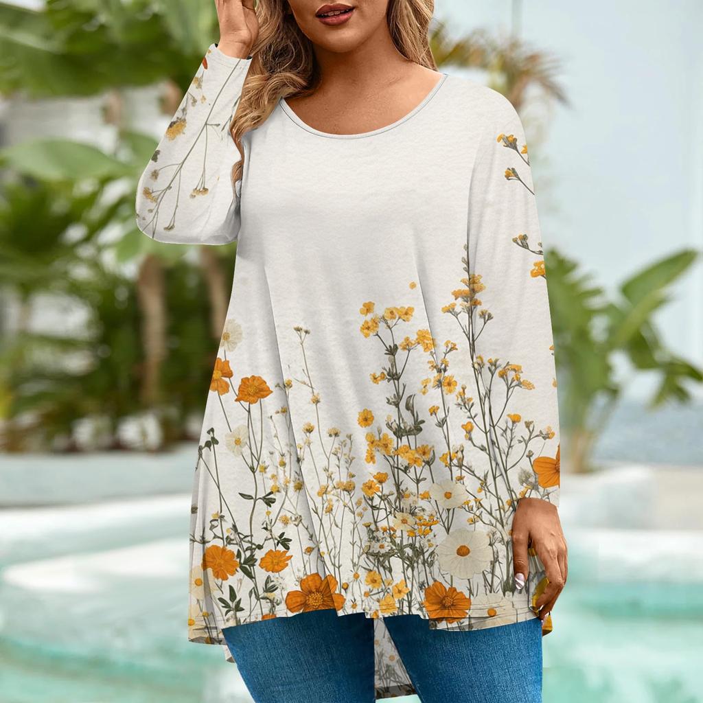 Women's Fashion Large Size Round Neck Long Sleeve Casual Print Loose Pullover Top