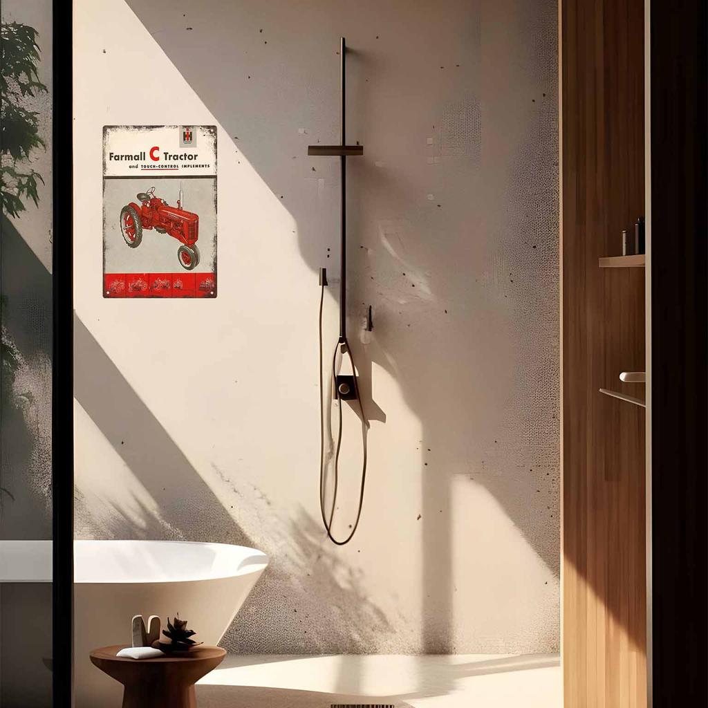 Retro Red Tractor with Exhaust Smoke in Countryside Scene Vintage Metal Wall Sign Decor Poster Frames Garage Living Room