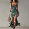 Women Floral Print Sleeveless Ruched Slit Maxi Dress Casual Summer Beach Dress
