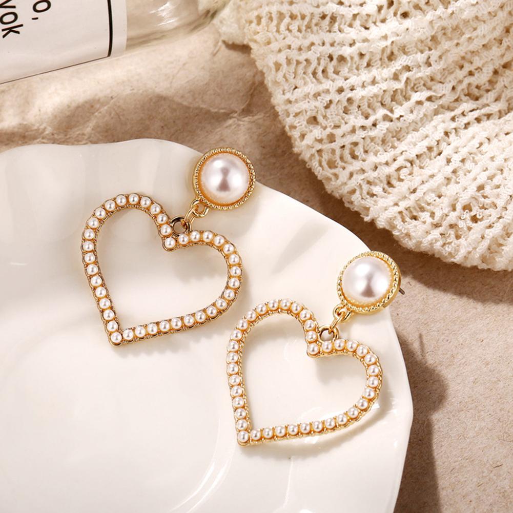 1 Pair Fashion Women Jewelry Handmade Pearls Heart-shaped Earrings