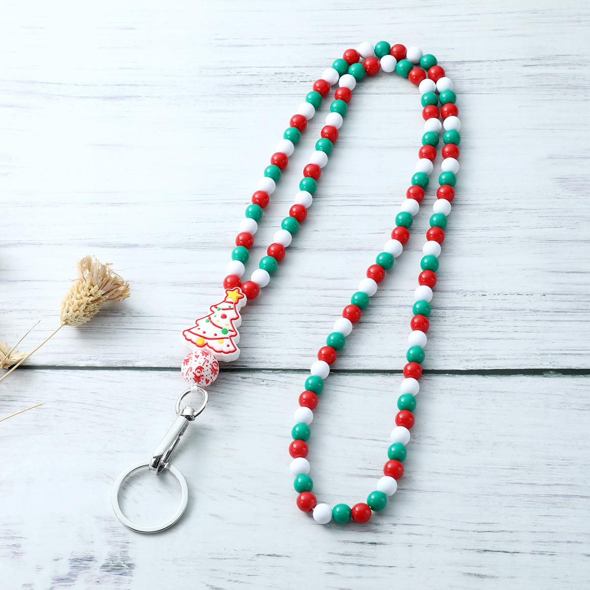 European & American Christmas Beaded Keychain Lanyard - Silicone Beads & Christmas Tree Work ID Card Necklace