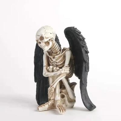 Resin Skeletons Statue Skull Collectible Figurine with Black Angle Wings Resin Figures Decoration for Home Shelves Porch Yard