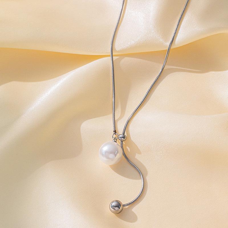 Stainless Steel Knot Lucky Beads Imitation Pearl Necklace for Women Men Simple Ball Pendant Long Chain Temperament Jewelry Gifts