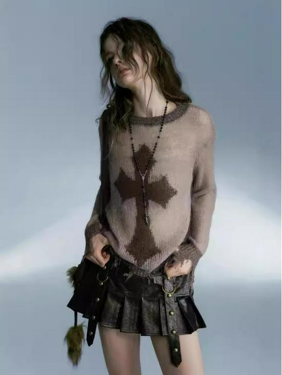 Y2K Cross Print Knit Crew Neck Women's Sweater