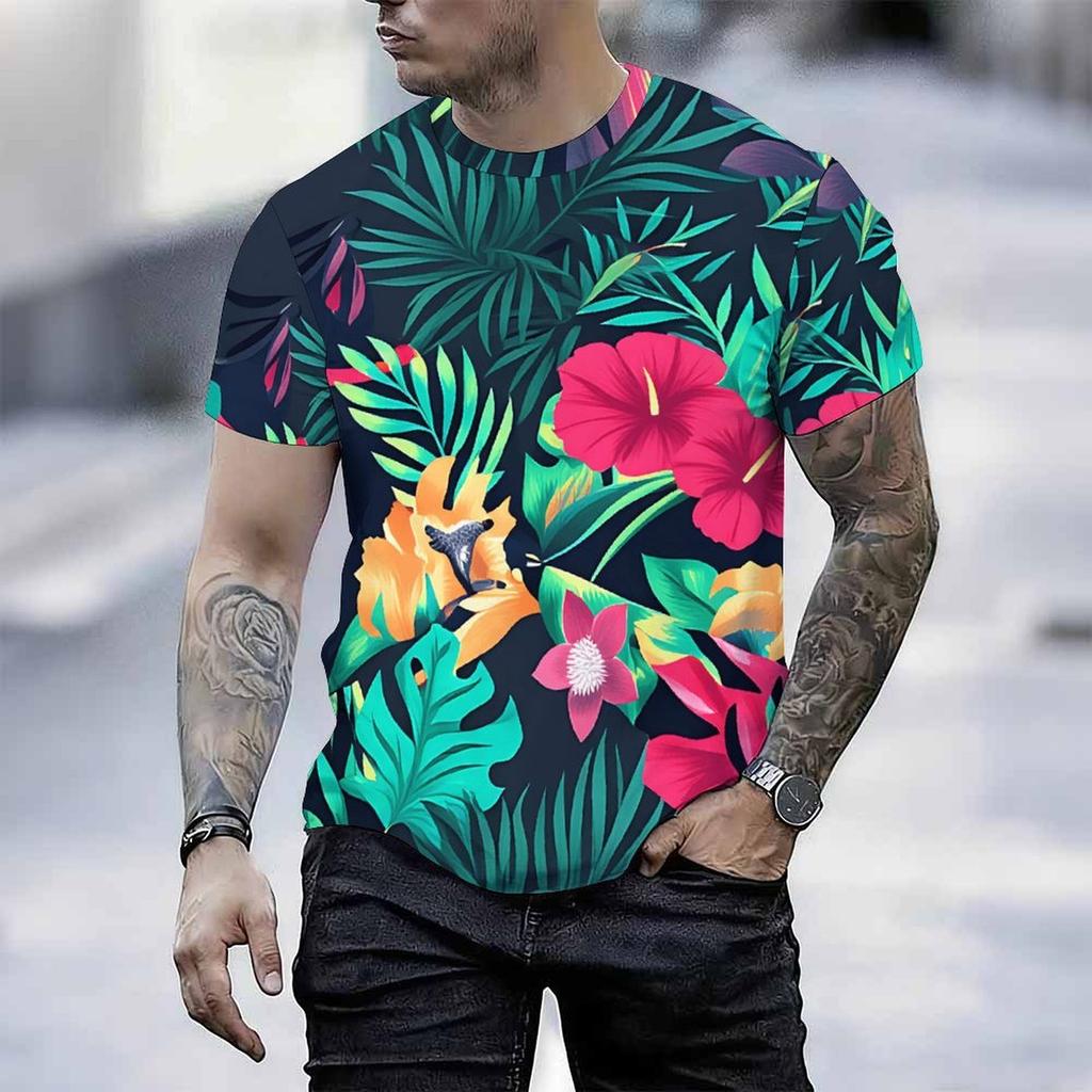 Women Short Sleeve Crew Neck T Shirt Dark Navy Pink Hibiscus Green Tropical Palm Leaf Print Top