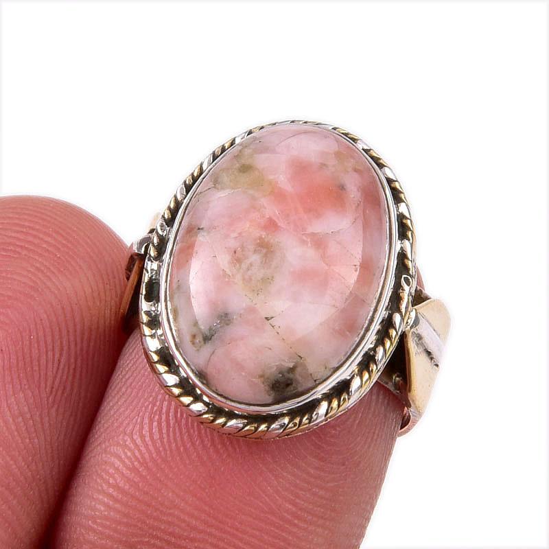 Natural Rhodochrosite Gemstone 925 Solid Sterling Silver TwoTone Ring S.5.5 K7b98