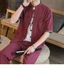 Mens Linen Sets Summer Men Streetwear Jogger Shirts+Long Pants Male Chinese Style 2 Pieces Hanfu Tracksuit Tang Suit