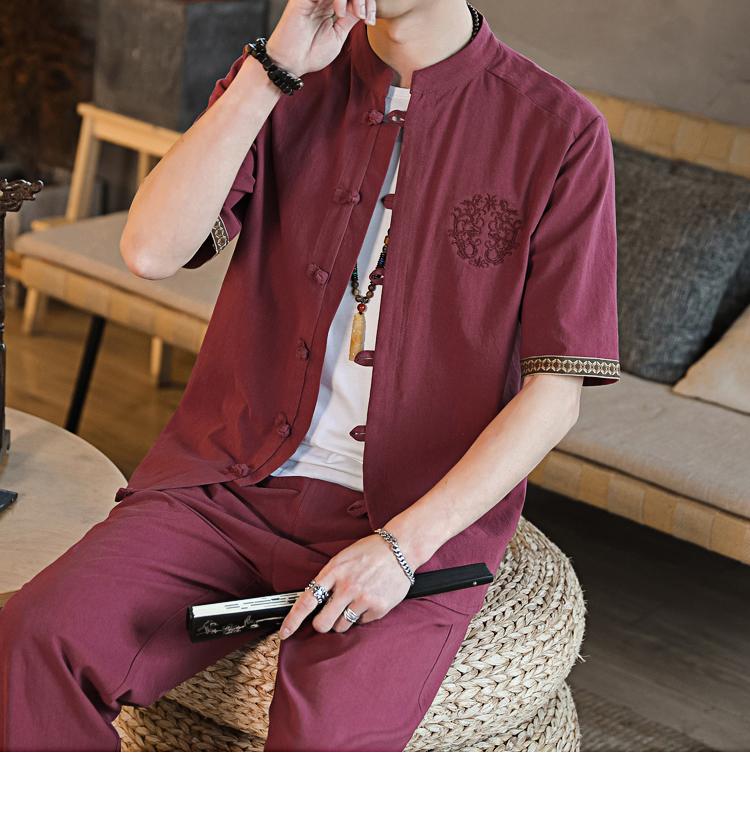 Mens Linen Sets Summer Men Streetwear Jogger Shirts+Long Pants Male Chinese Style 2 Pieces Hanfu Tracksuit Tang Suit