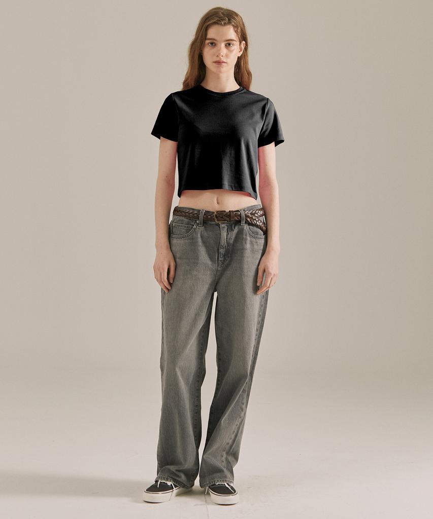 BASIC HOUSE Women'S Round Crop Short Sleeve T-Shirt Black Lats0202
