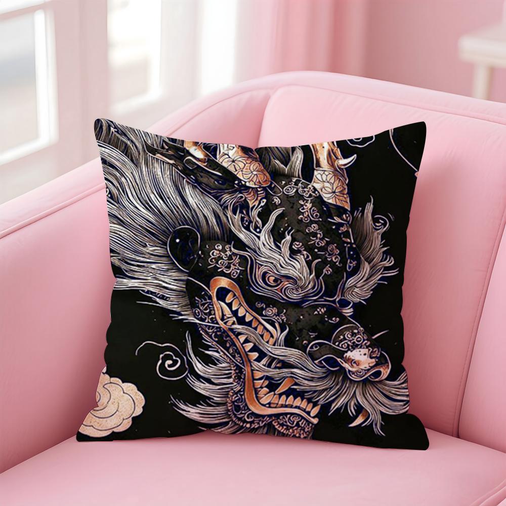 Mythology Traditional Japanese Dragon Cushion Cover Pillowcase Short Plush Invisible Zipper Room Sofa Cushion Cover
