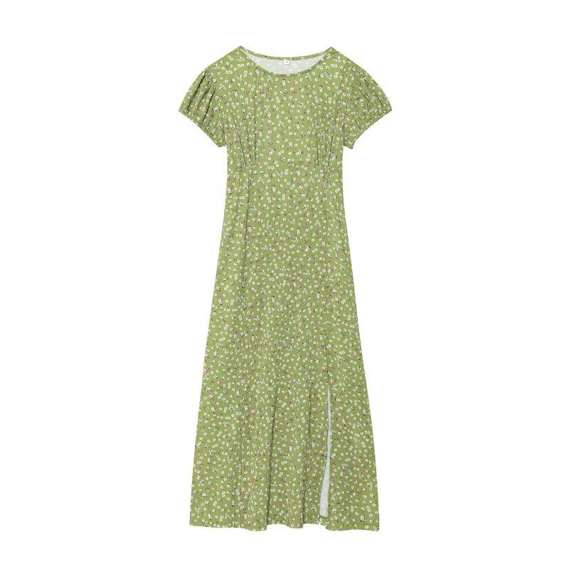 

Kaslead New Women clothes Western Style Fashion Simple Vacation Side Slit Bubble Short sleeve Straight Dress Green L