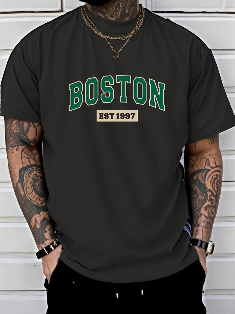 Letter Print Men's Creative Top, Casual Short Sleeve Crew Neck Thin T-shirt for Summer and Spring, Men's Clothing
