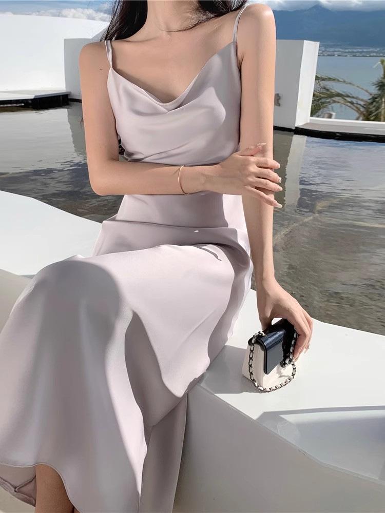 Champagne Satin French Summer Dress with Sway Collar and Spaghetti Straps