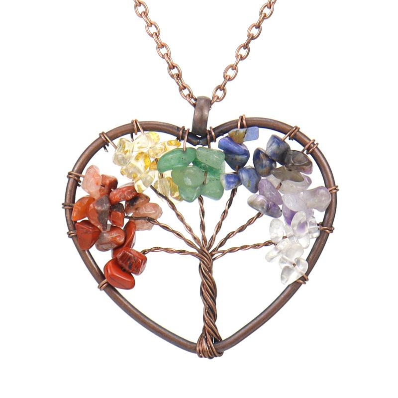 Handmade Copper Wire Winding Crystal Gravel Tree Of Life Love Heart Necklace Peach Heart Necklace N37