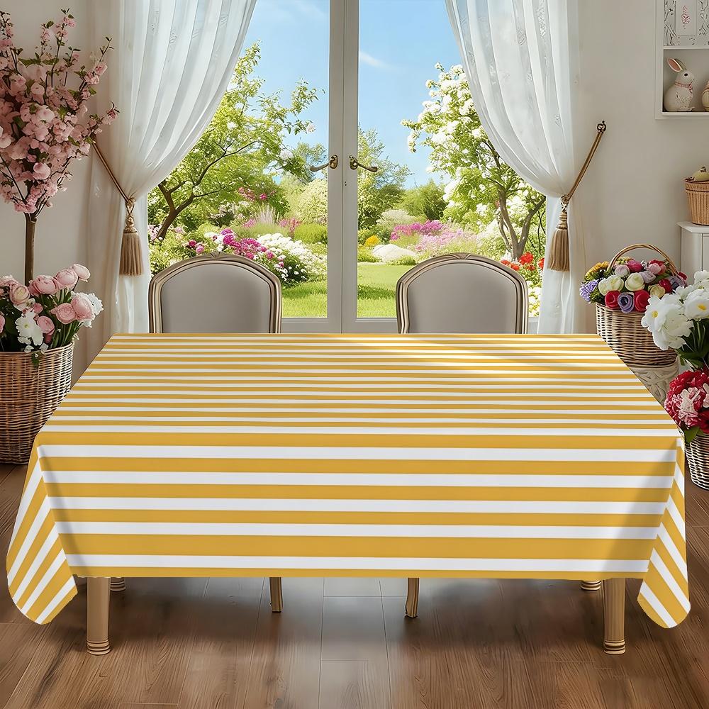 One-piece 2D flat-printed yellow and white striped pattern tablecloth, suitable for home dining table, yzb