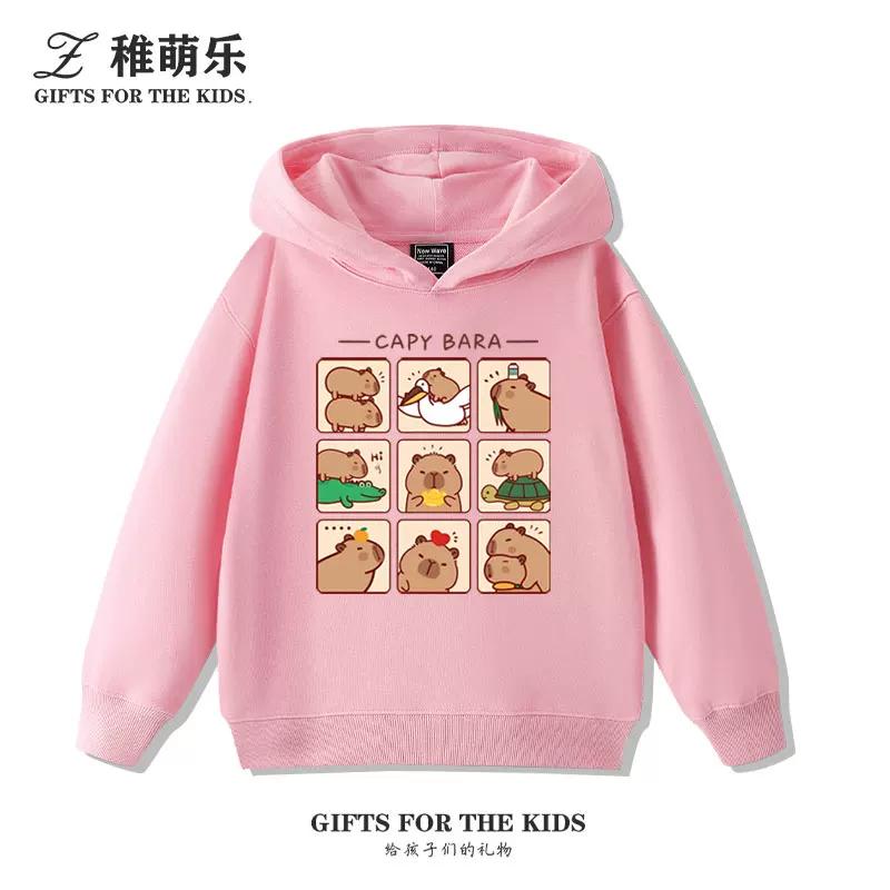 Sudadera con capucha infantil con estampado de capibara, otoño e invierno, para niños y niñas, forrada de felpa, versátil y a la moda.