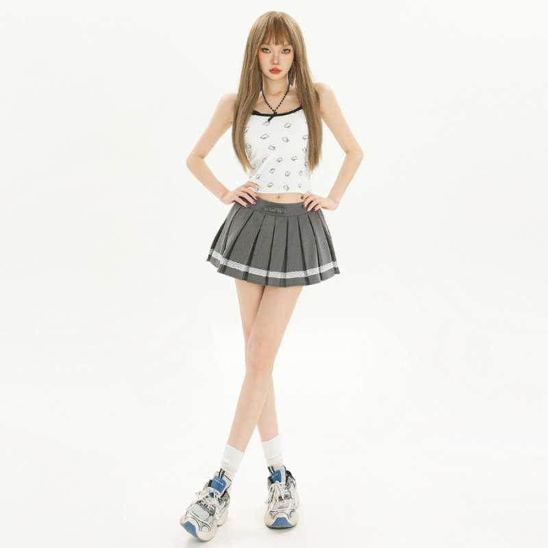 Women s Summer Pleated Skirt with Bow and Lace Patchwork Extra Small