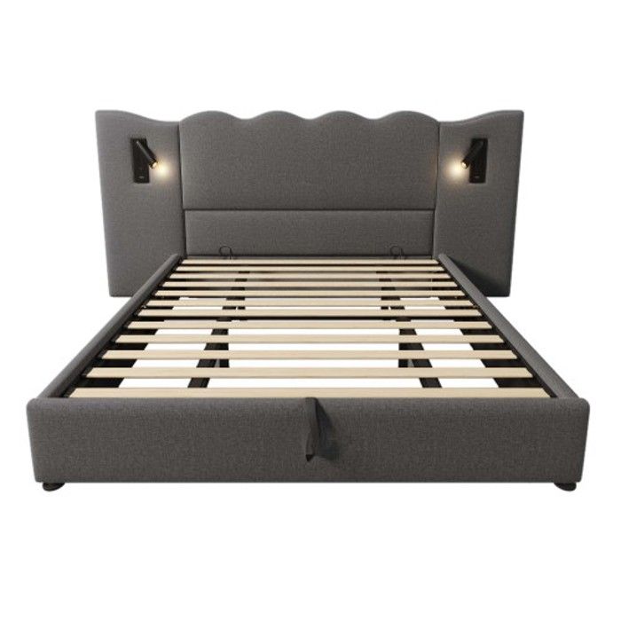 Lit Rembourré - MUVOE - 180x200 Cm - Lin Gris - Liseuse Pivotante - Chargeur USB-C