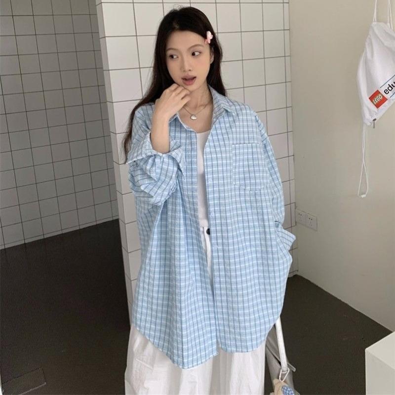 Women's Blue Checkered Long Sleeve Shirt Lapel Collar Casual Blouse Stylish Loose Button Down Shirts Fashion Office Wearing