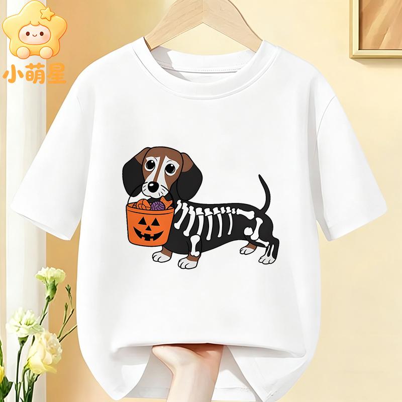 Halloween Skelett Dackel Kürbisdruck Kinder T-Shirt Reine Baumwolle Jungen Mädchen Kurzarm Rundhals Lässig Grafik Kinder Oberteile