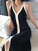 Contrast Spliced Halter Maxi Dress For Women V Neck Backless Front Split Ladies Holiday Robe