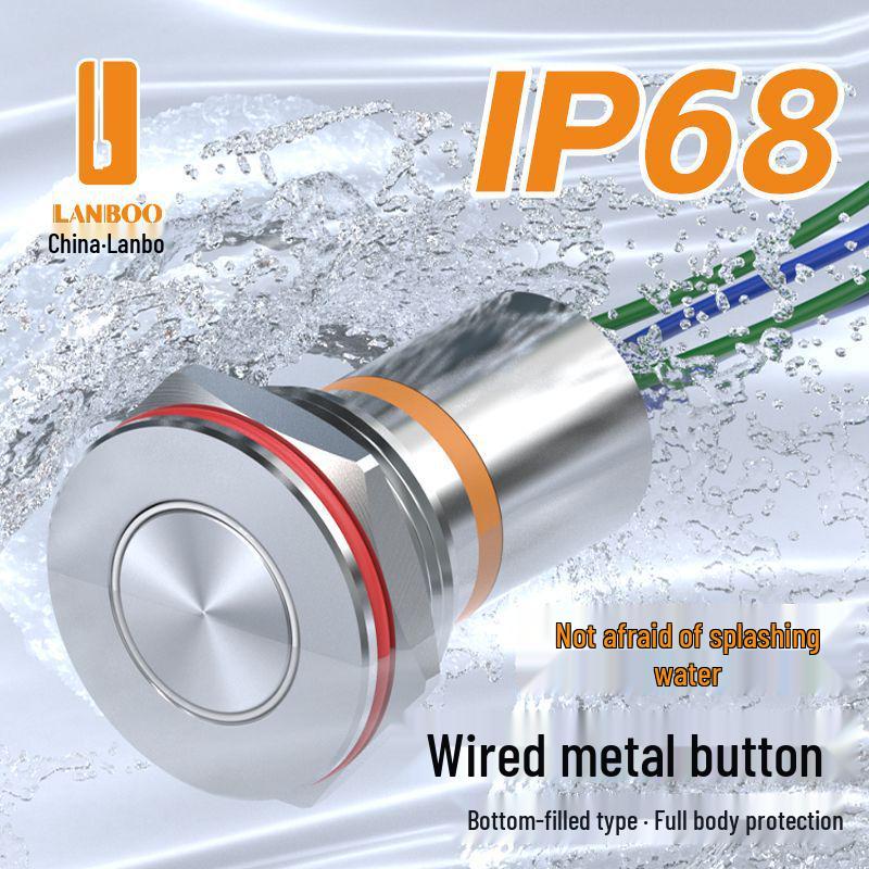 Blue Wave 19F1 High Current Metal Push Button Switch, IP68 Waterproof, with Indicator Light, Wire, Stainless Steel, Self-Locking Reset.