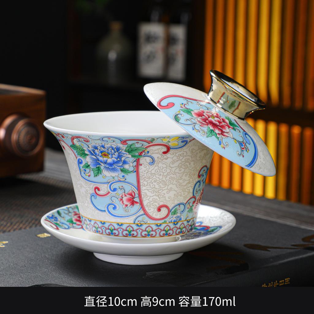 White porcelain enamel color kung fu tea set, turn cover bowl, fair cup, tea cup, full set of business souvenir box