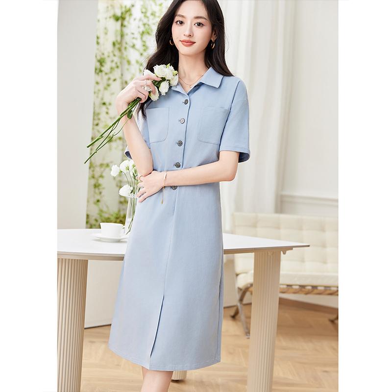 2025 Summer Simple and Fashionable Workwear with a Waist-Cinching A-Line Skirt, Age-Reducing Lapel, Commuting Mid-Length Dress for Women