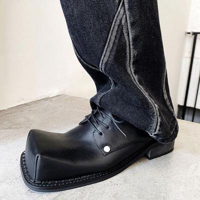 Male Leather Shoes Men  New Square Head Chunky Platform Retro Work Shoes Spring Autumn Derby Shoes Low Top Man Casual Flats