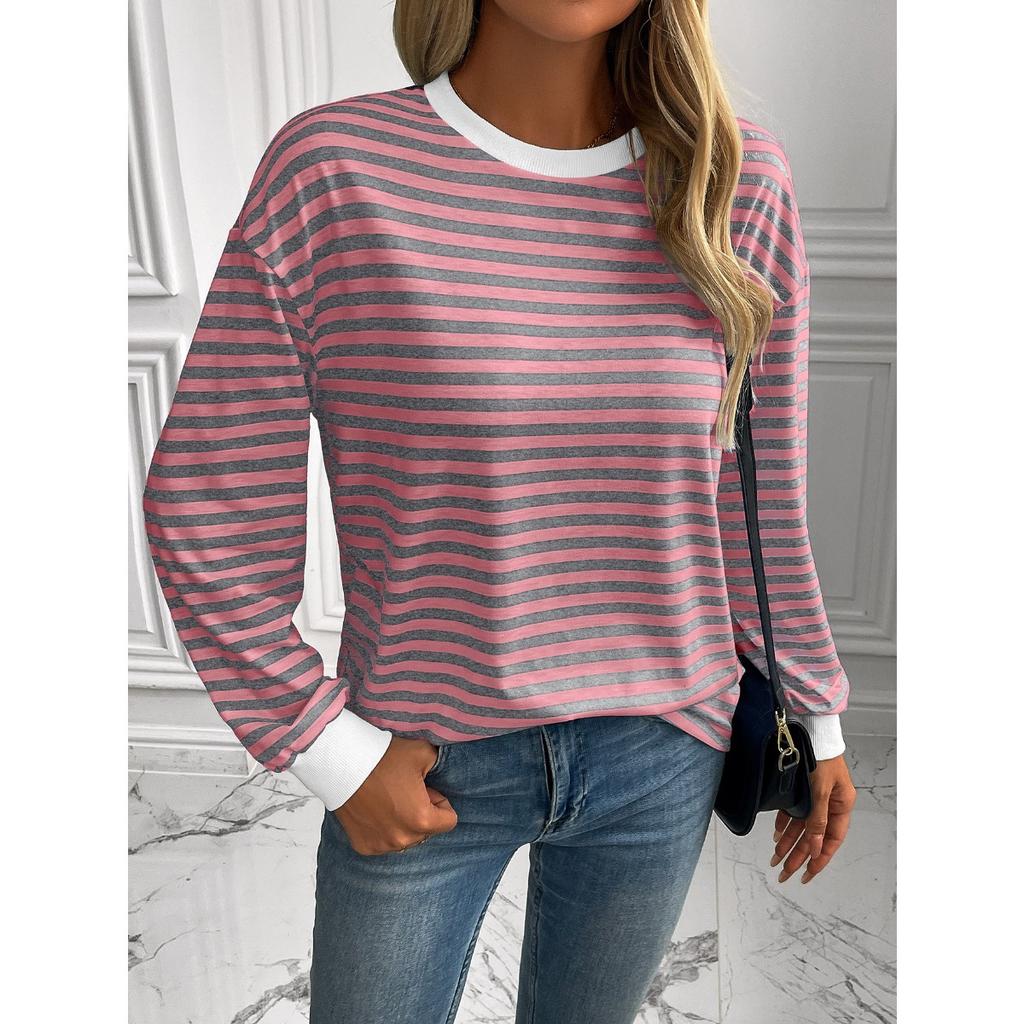 Maglietta a maniche lunghe con scollo rotondo a righe larghe casual, Felpa, Top a righe blu navy per donna uomo, Transfrontaliero Europa America