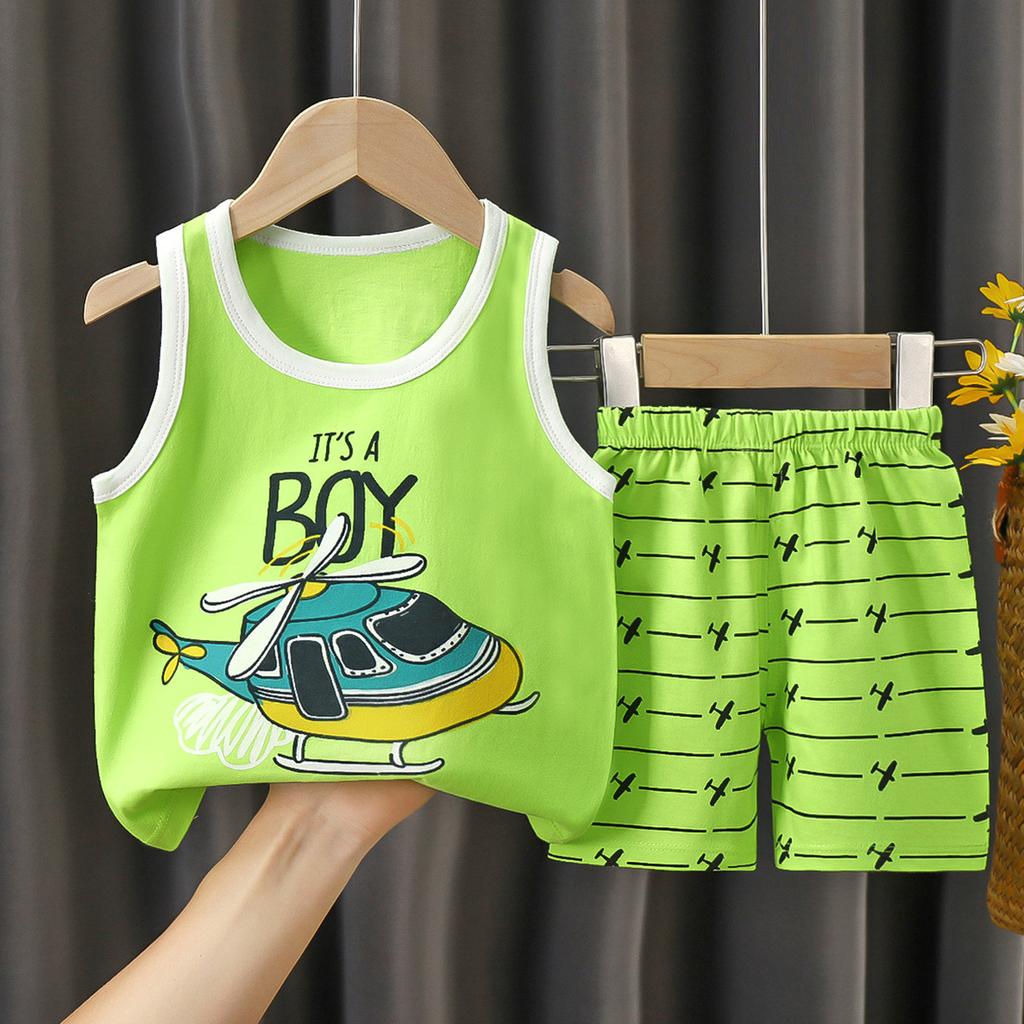 Summer Kids Non Sleeve O Neck Vest Pants Set Casual Baggy 2pcs Suit Cotton Cartoon Printes Outfit