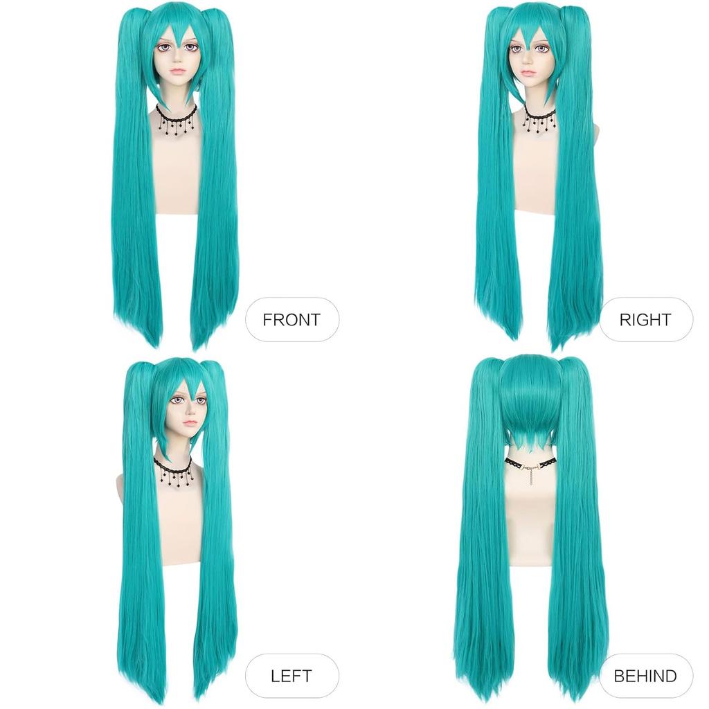 Perucă Sintetică Verde Cosplay Perucă Verde Teal Perucă cu Coadă Dublă Perucă Lungă Verde cu Breton Perucă Dreaptă Perucă Kawaii Perucă Miku