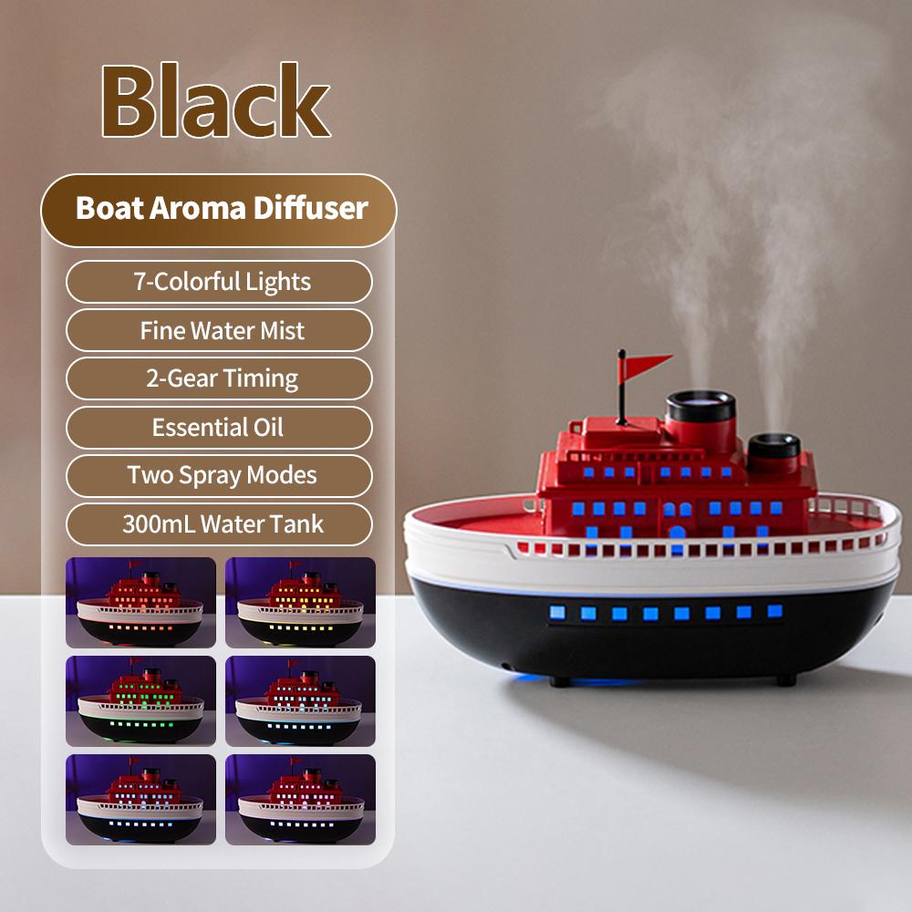 

Аромадиффузор для дома в виде лодки с разноцветной ночной подсветкой 300 мл Тихий ультразвуковой увлажнитель воздуха для декора рабочего стола Рождественский подарок чёрный