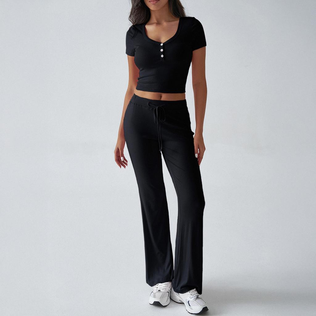 Letní dámské sportovní ležérní tričko s výstřihem do U a kalhoty s pletenými kalhotami ve stylu Y2K