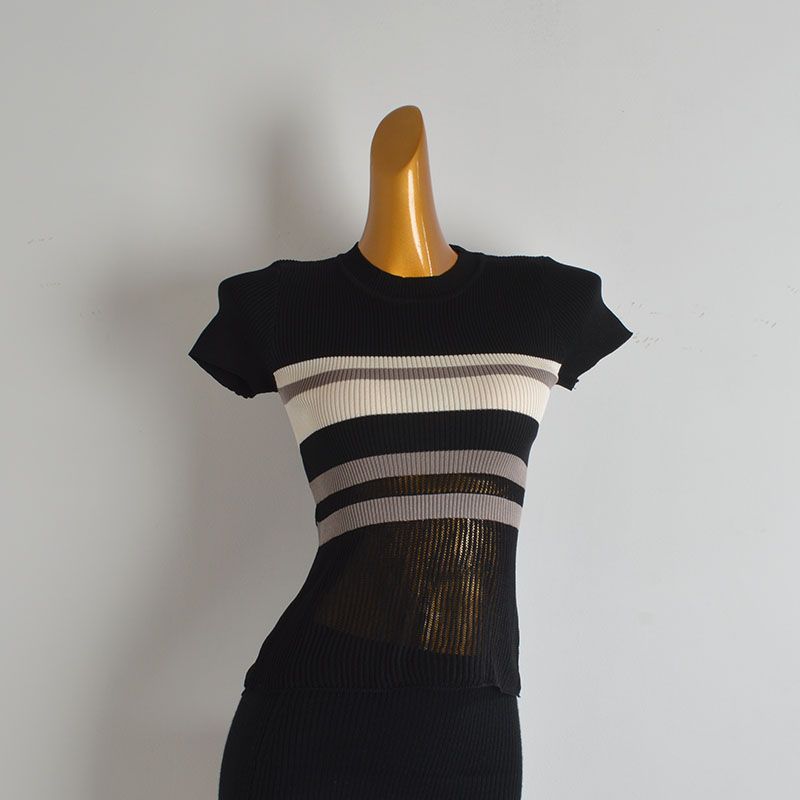 Stripe Contrast Color Round Neck Short Sleeve Knit Women Summer New Slim Fit Slimming Patchwork Hollow T-shirt Top